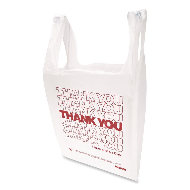 HDPE T-Shirt Bags, Thank You - Have a Nice Day Labeling, Cut-Out Handles, 12" x 7" x 23", White/Red, 500/Carton