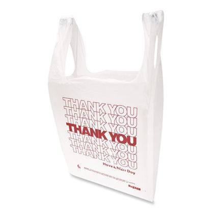 HDPE T-Shirt Bags, Thank You - Have a Nice Day Labeling, Cut-Out Handles, 12" x 7" x 23", White/Red, 500/Carton