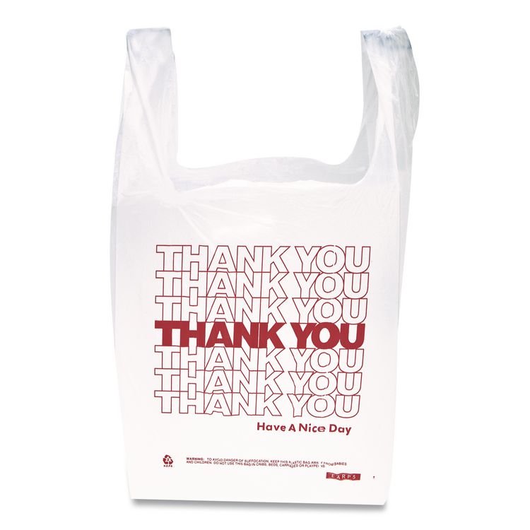 HDPE T-Shirt Bags, Thank You - Have a Nice Day Labeling, Cut-Out Handles, 12" x 7" x 23", White/Red, 500/Carton