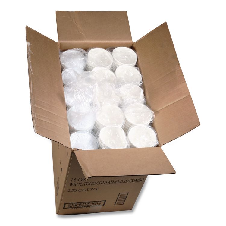 Paper Round Food Container and Lid Combo, 16 oz, 38" Diameter x 3.9" h, White, 250/Carton