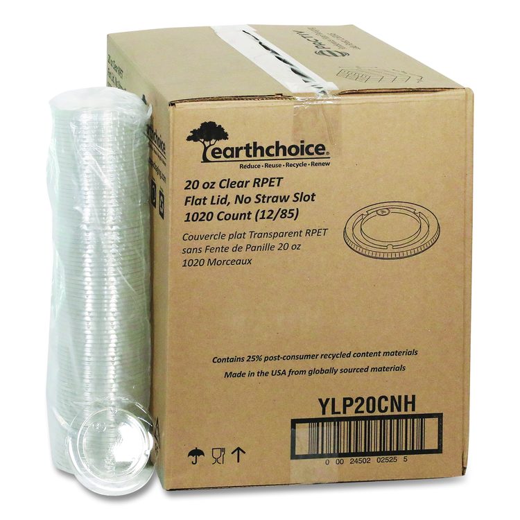 EarthChoice Strawless RPET Lid, Flat Lid, Fits 9 oz to 20 oz "A" Cups, Plastic, Clear, 1,020/Carton