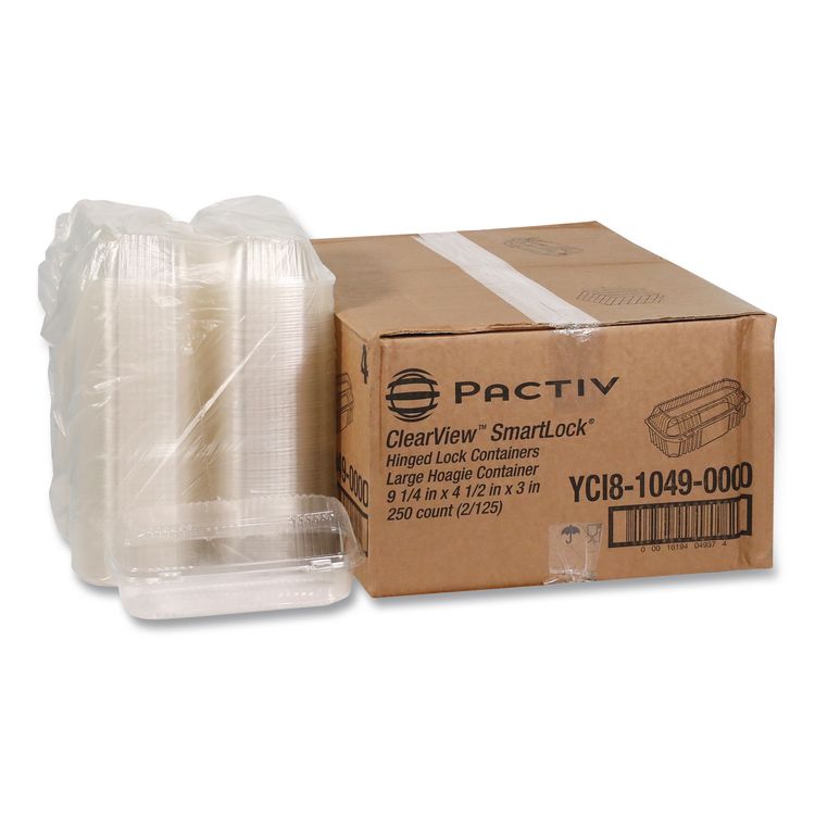 ClearView SmartLock Hinged Lid Container, Hoagie Container, 27 oz, 9.3 x 4.5 x 3, Clear, Plastic, 250/Carton