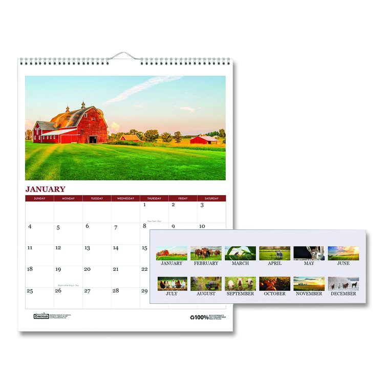 100% Recycled Farm Life Wall Calendar, 11 x 14, White/Multicolor Sheets, 12-Month (Jan-Dec): 2026