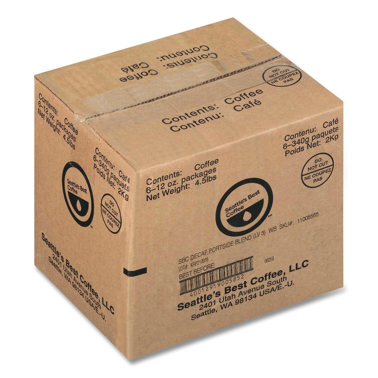 Port Side Blend Whole Bean Coffee, Decaffeinated Medium Roast, 12 oz Bag, 6/Carton