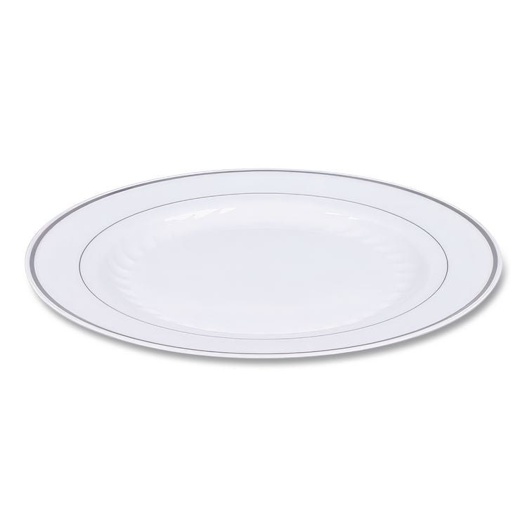 Masterpiece Plastic Plates, 10.25" dia, White/Silver, 10/Pack, 12 Packs/Carton