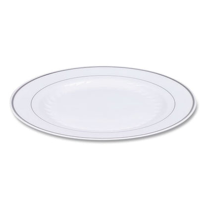 Masterpiece Plastic Plates, 10.25" dia, White/Silver, 10/Pack, 12 Packs/Carton