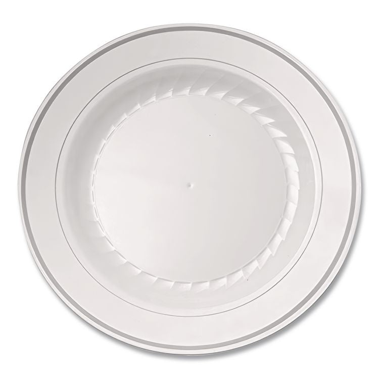 Masterpiece Plastic Plates, 10.25" dia, White/Silver, 10/Pack, 12 Packs/Carton