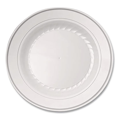 Masterpiece Plastic Plates, 10.25" dia, White/Silver, 10/Pack, 12 Packs/Carton