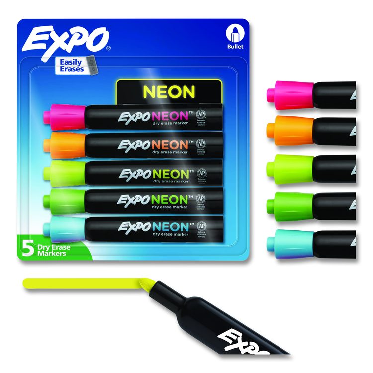 Neon Windows Dry Erase Marker, Broad Bullet Tip, Assorted Colors, 5/Pack