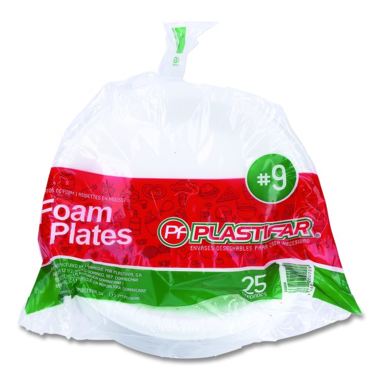 Foam Dinnerware, Plate, 9" dia, White, 25/Pack, 20 Packs/Carton