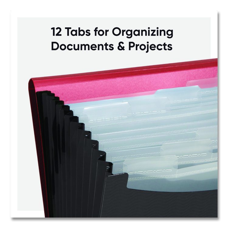 12-Pocket Poly Expanding File, 0.88" Expansion, 12 Sections, Cord/Hook Closure, 1/6-Cut Tabs, Letter Size, Black/Red