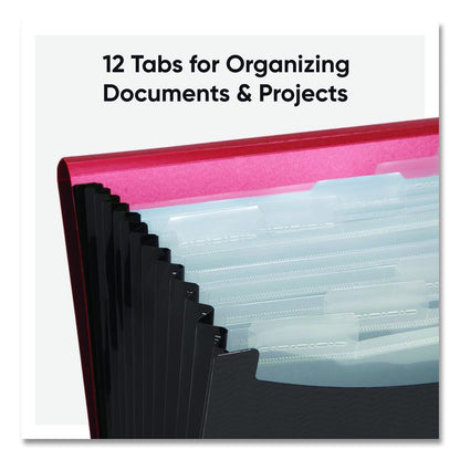 12-Pocket Poly Expanding File, 0.88" Expansion, 12 Sections, Cord/Hook Closure, 1/6-Cut Tabs, Letter Size, Black/Red