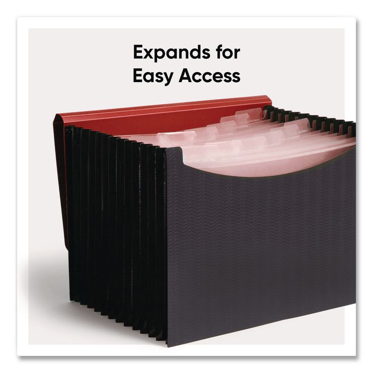 12-Pocket Poly Expanding File, 0.88" Expansion, 12 Sections, Cord/Hook Closure, 1/6-Cut Tabs, Letter Size, Black/Red