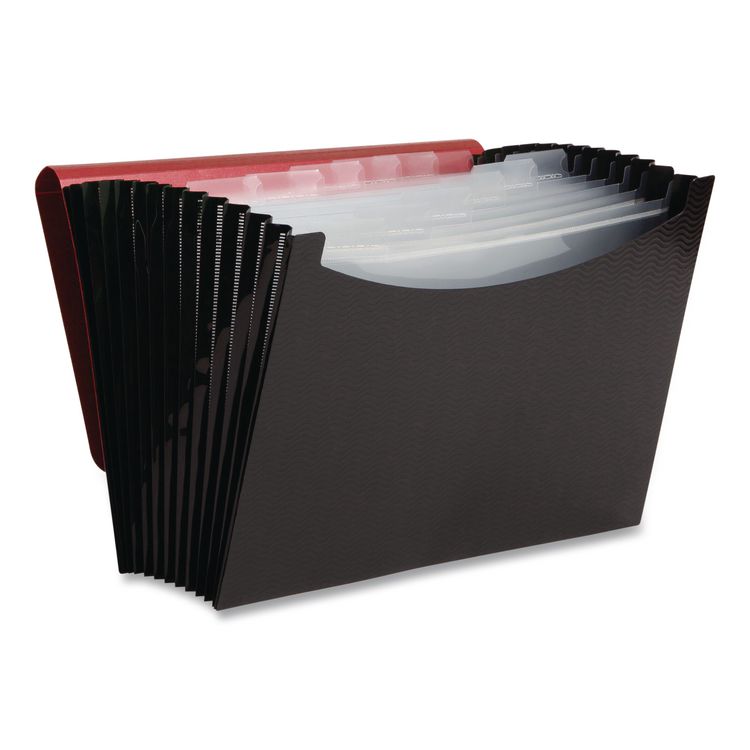 12-Pocket Poly Expanding File, 0.88" Expansion, 12 Sections, Cord/Hook Closure, 1/6-Cut Tabs, Letter Size, Black/Red