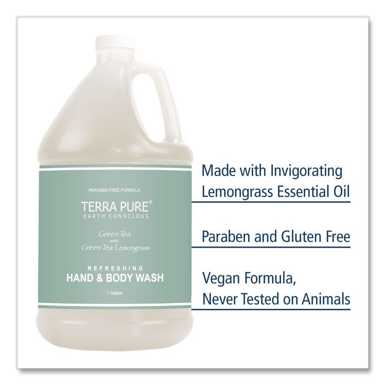 Terra Pure Body Wash Gallon, Green Tea Lemongrass, 1 gal Bottle, 4/Carton