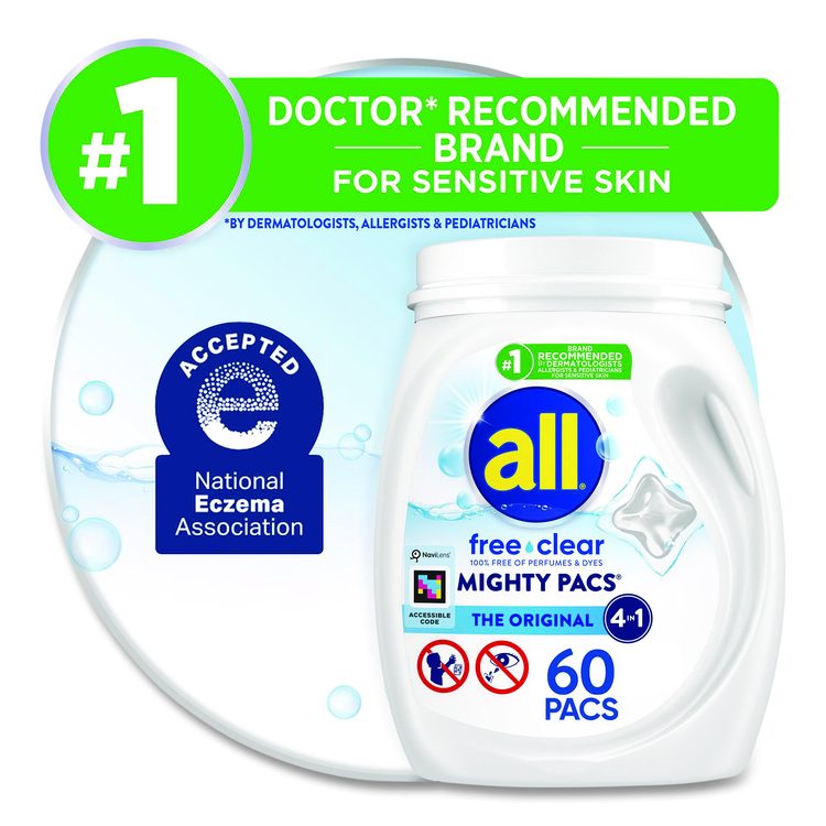 MIGHTY PACS Free Clear HE Laundry Detergent, 60 Pods/Tub, 4 Tubs/Carton