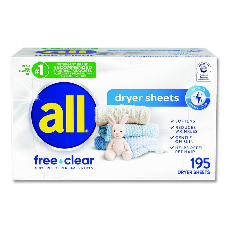 Free Clear Dryer Sheets, Fragrance Free, 195 Sheets/Pack, 6 Packs/Carton