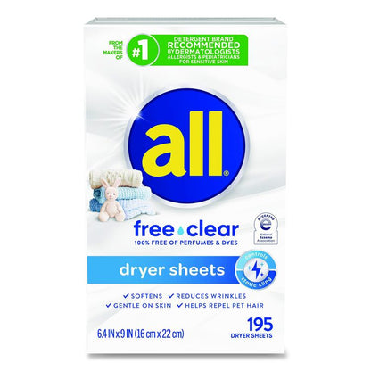 Free Clear Dryer Sheets, Fragrance Free, 195 Sheets/Pack, 6 Packs/Carton