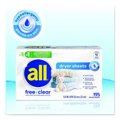 Free Clear Dryer Sheets, Fragrance Free, 195 Sheets/Pack, 6 Packs/Carton
