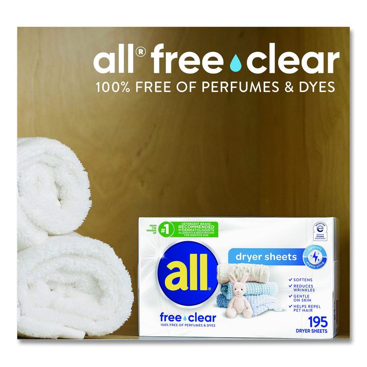 Free Clear Dryer Sheets, Fragrance Free, 195 Sheets/Pack, 6 Packs/Carton