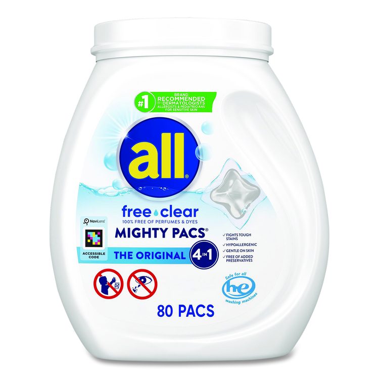 MIGHTY PACS Free Clear HE Laundry Detergent, 80 Pods/Tub, 4 Tubs/Carton