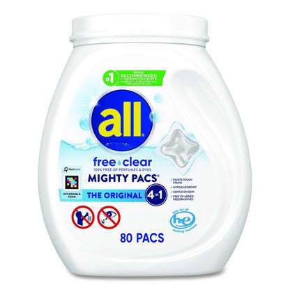 MIGHTY PACS Free Clear HE Laundry Detergent, 80 Pods/Tub, 4 Tubs/Carton