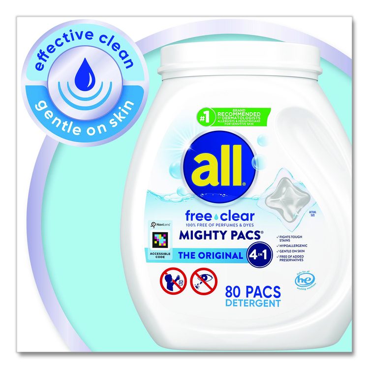 MIGHTY PACS Free Clear HE Laundry Detergent, 80 Pods/Tub, 4 Tubs/Carton