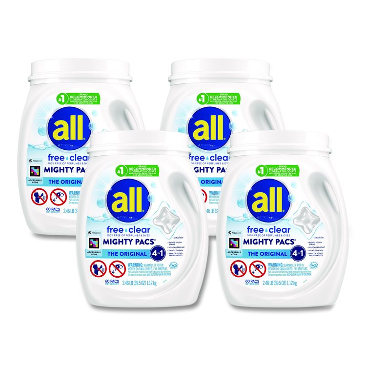 MIGHTY PACS Free Clear HE Laundry Detergent, 60 Pods/Tub, 4 Tubs/Carton