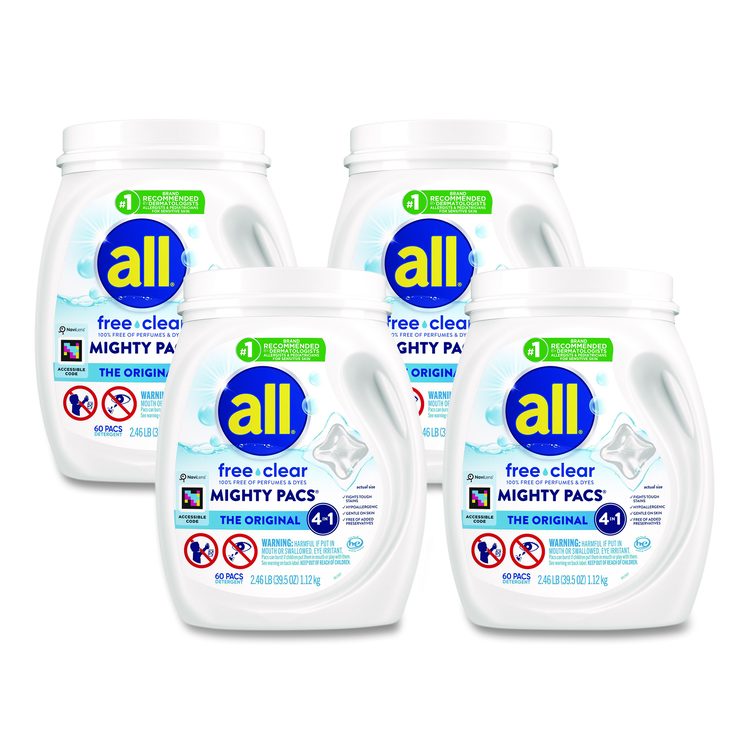 MIGHTY PACS Free Clear HE Laundry Detergent, 60 Pods/Tub, 4 Tubs/Carton