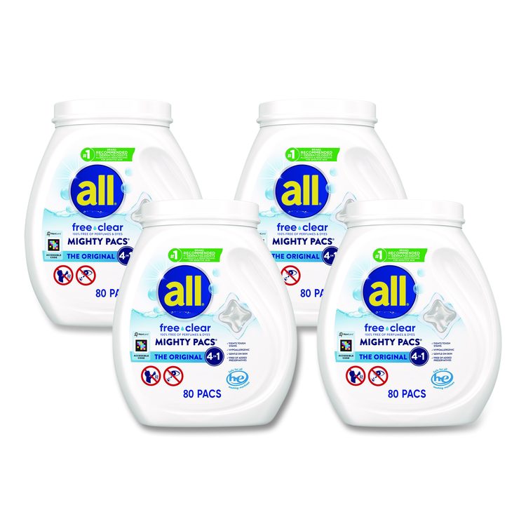 MIGHTY PACS Free Clear HE Laundry Detergent, 80 Pods/Tub, 4 Tubs/Carton