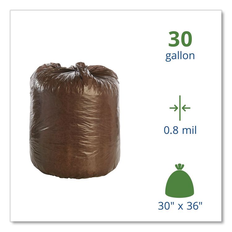 Controlled Life-Cycle Plastic Trash Bags, 30 gal, 0.8 mil, 30" x 36", Brown, 60/Box
