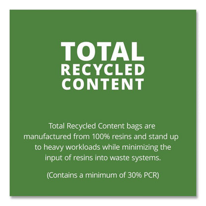 Total Recycled Content Plastic Trash Bags, 65 gal, 1.5 mil, 50" x 51", Black/Brown, 100/Carton