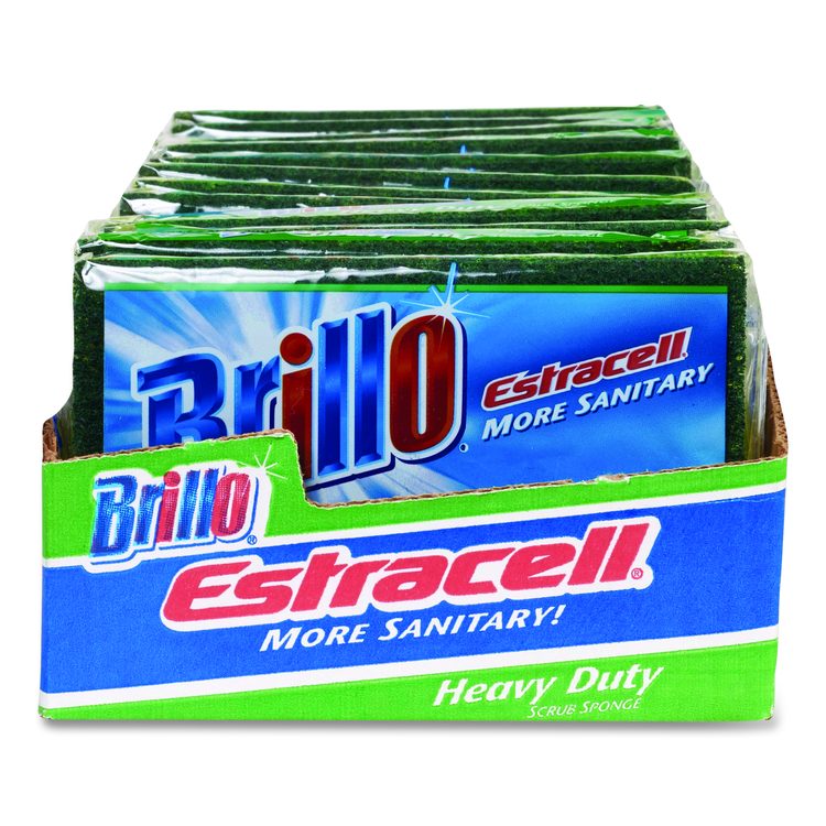 Estracell Heavy Duty Scrub Sponge, 4.9 x 2.9, 0.8" Thick, Yellow/Green, 12/Carton