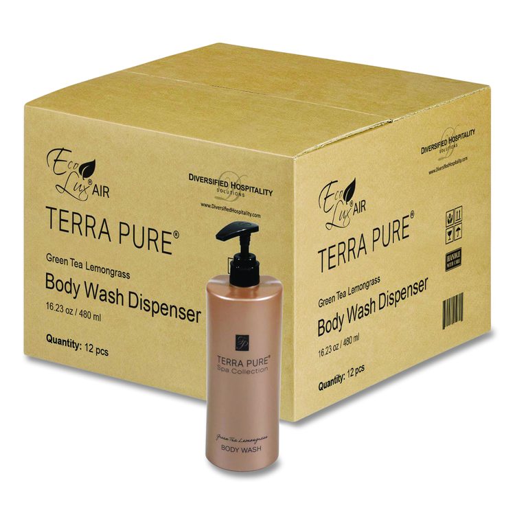 Terra Pure Body Wash Air Pump, Green Tea Lemongrass, 16.23 oz Bottle, 12/Carton