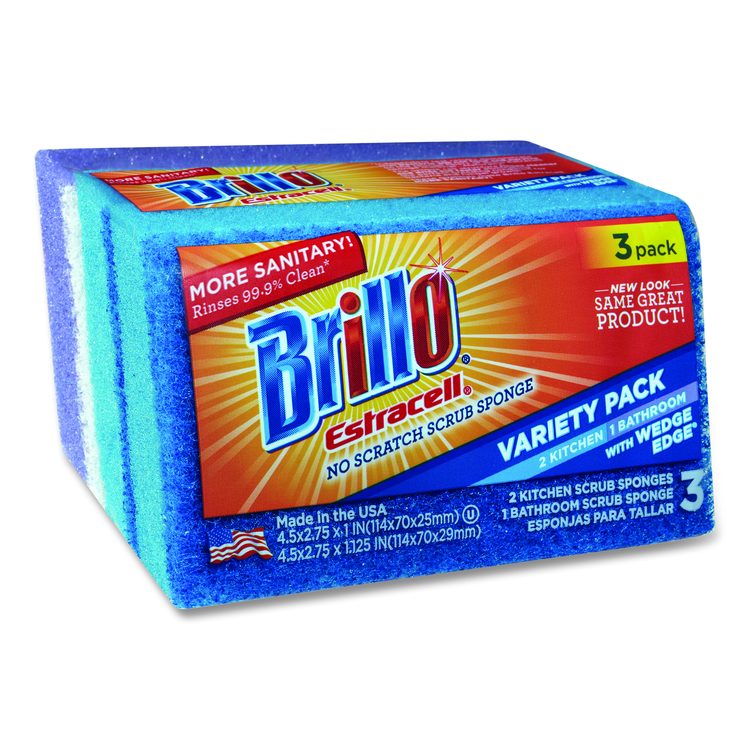 Estracell Scrub Sponge Variety Pack, 1 Bath, 2 Kitchen, 4.5 x 2.75, 1.12" Thick, Blue/Purple/White, 3/Pack, 8 Packs/Carton