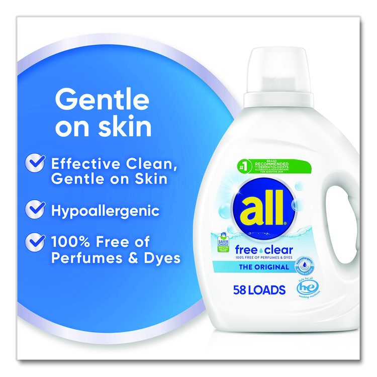 Free Clear HE Laundry Detergent, 58 Loads, Unscented, 73 oz Bottle, 6/Carton