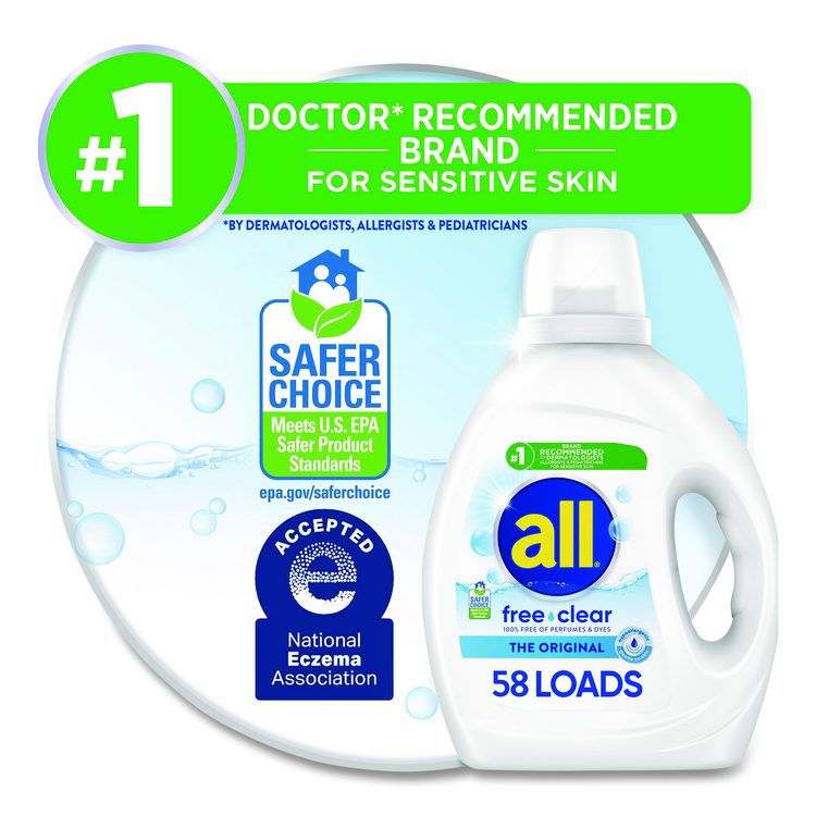 Free Clear HE Laundry Detergent, 58 Loads, Unscented, 73 oz Bottle, 6/Carton