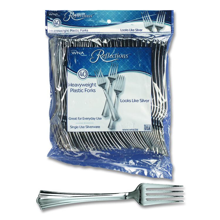 Reflections Heavyweight Plastic Utensils, Fork, Silver, 40/Pack, 8 Packs/Carton