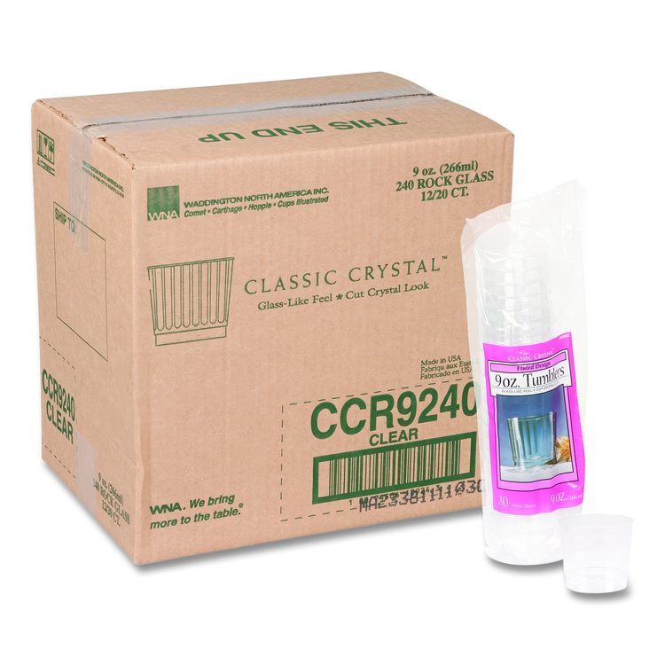 Classic Crystal Plastic Tumblers, 9 oz, Clear, Fluted, Rocks Squat, 20/Pack, 12 Packs/Carton