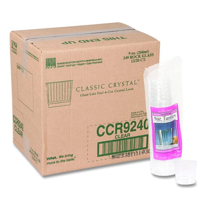 Classic Crystal Plastic Tumblers, 9 oz, Clear, Fluted, Rocks Squat, 20/Pack, 12 Packs/Carton