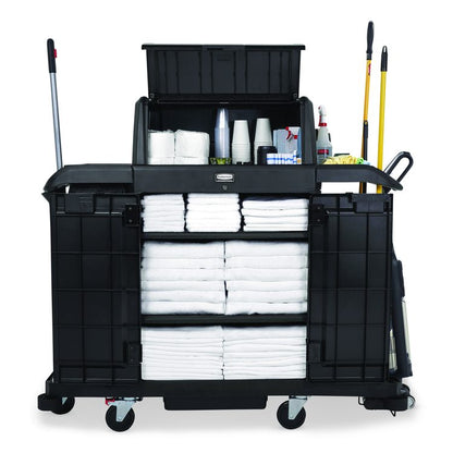 Housekeeping Cart with Hood and Doors, Plastic, 4 Shelves,1 Bin, 24.4 x 62.4 x 56.9, Black