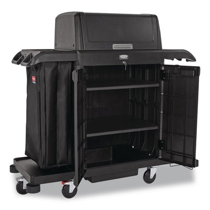 Housekeeping Cart with Hood and Doors, Plastic, 4 Shelves,1 Bin, 24.4 x 62.4 x 56.9, Black