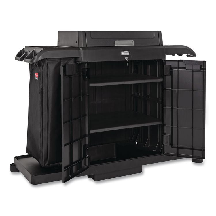Housekeeping Cart with Hood and Doors, Plastic, 4 Shelves,1 Bin, 24.4 x 62.4 x 56.9, Black