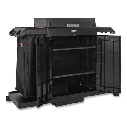 Housekeeping Cart with Hood and Doors, Plastic, 4 Shelves,1 Bin, 24.4 x 62.4 x 56.9, Black