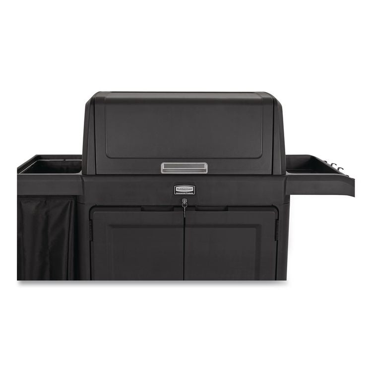 Housekeeping Cart with Hood and Doors, Plastic, 4 Shelves,1 Bin, 24.4 x 62.4 x 56.9, Black