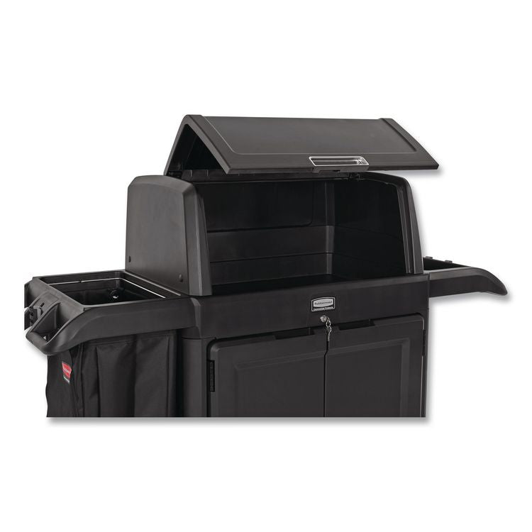 Housekeeping Cart with Hood and Doors, Plastic, 4 Shelves,1 Bin, 24.4 x 62.4 x 56.9, Black