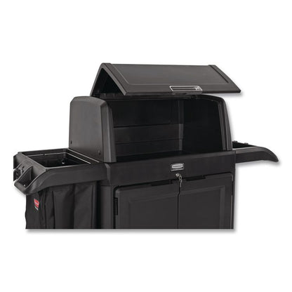 Housekeeping Cart with Hood and Doors, Plastic, 4 Shelves,1 Bin, 24.4 x 62.4 x 56.9, Black