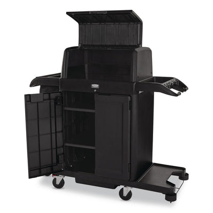 Housekeeping Cart with Hood and Doors, Plastic, 4 Shelves,1 Bin, 24.4 x 62.4 x 56.9, Black