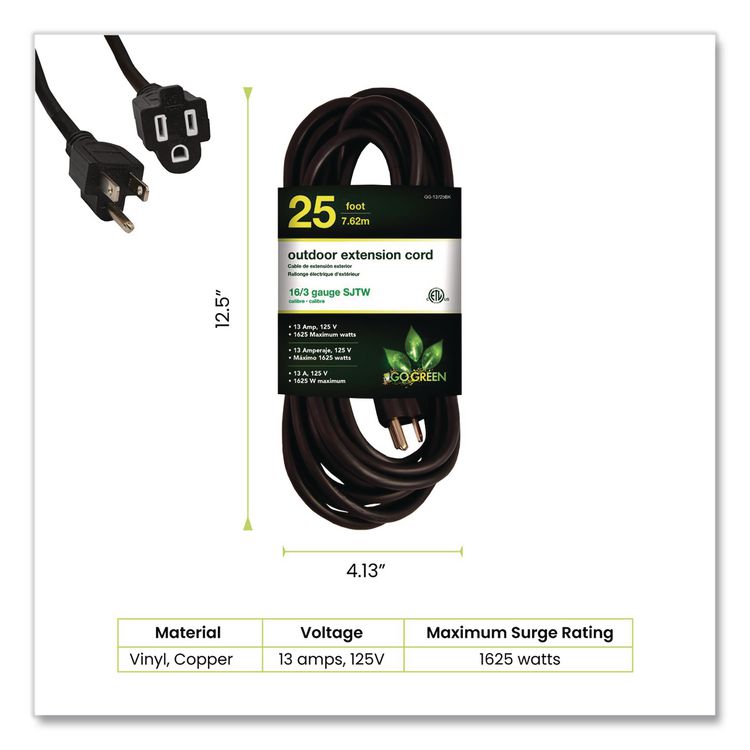 16 AWG Outdoor Extension Cord, 25 ft, 13 A, Black