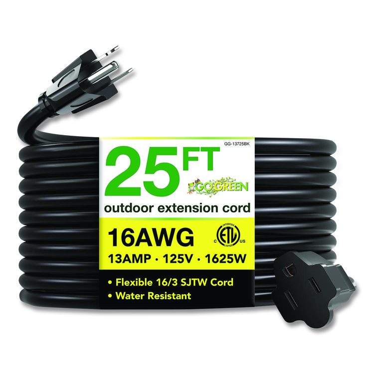 16 AWG Outdoor Extension Cord, 25 ft, 13 A, Black